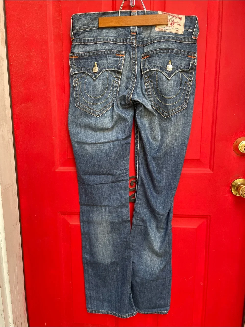 True Religion Blue Straight Leg Jeans with Faded Whiskering